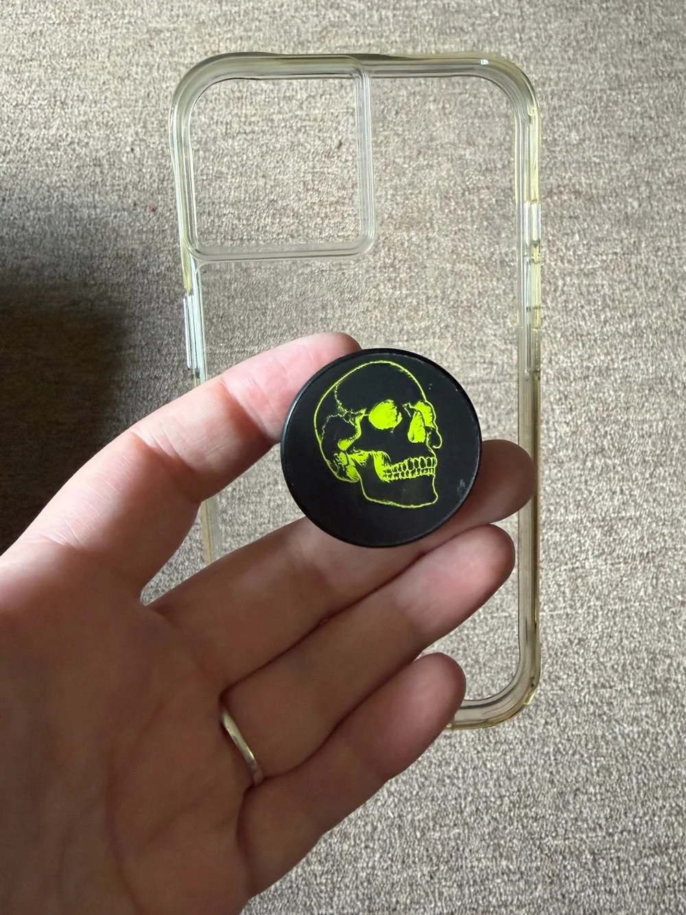 Clear Phone Case with Black Skull PopSocket - Green Skull Design